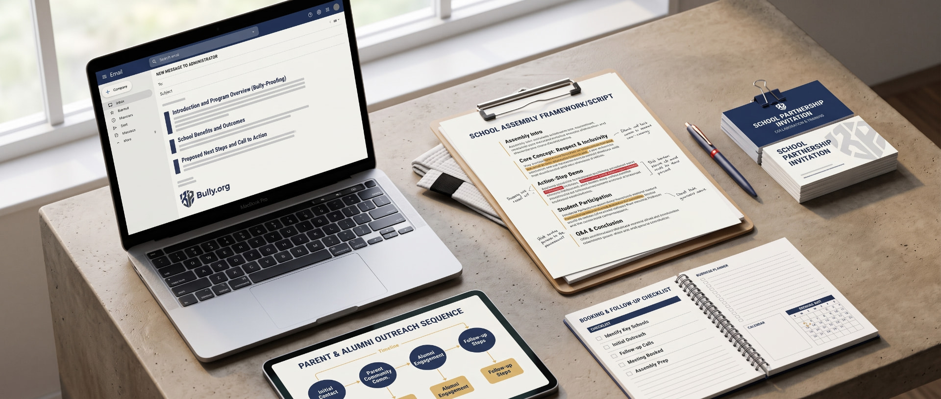 Action kit deliverables: administrator outreach email, school assembly framework and script, parent and alumni outreach sequence, booking checklist, and school partnership invitation